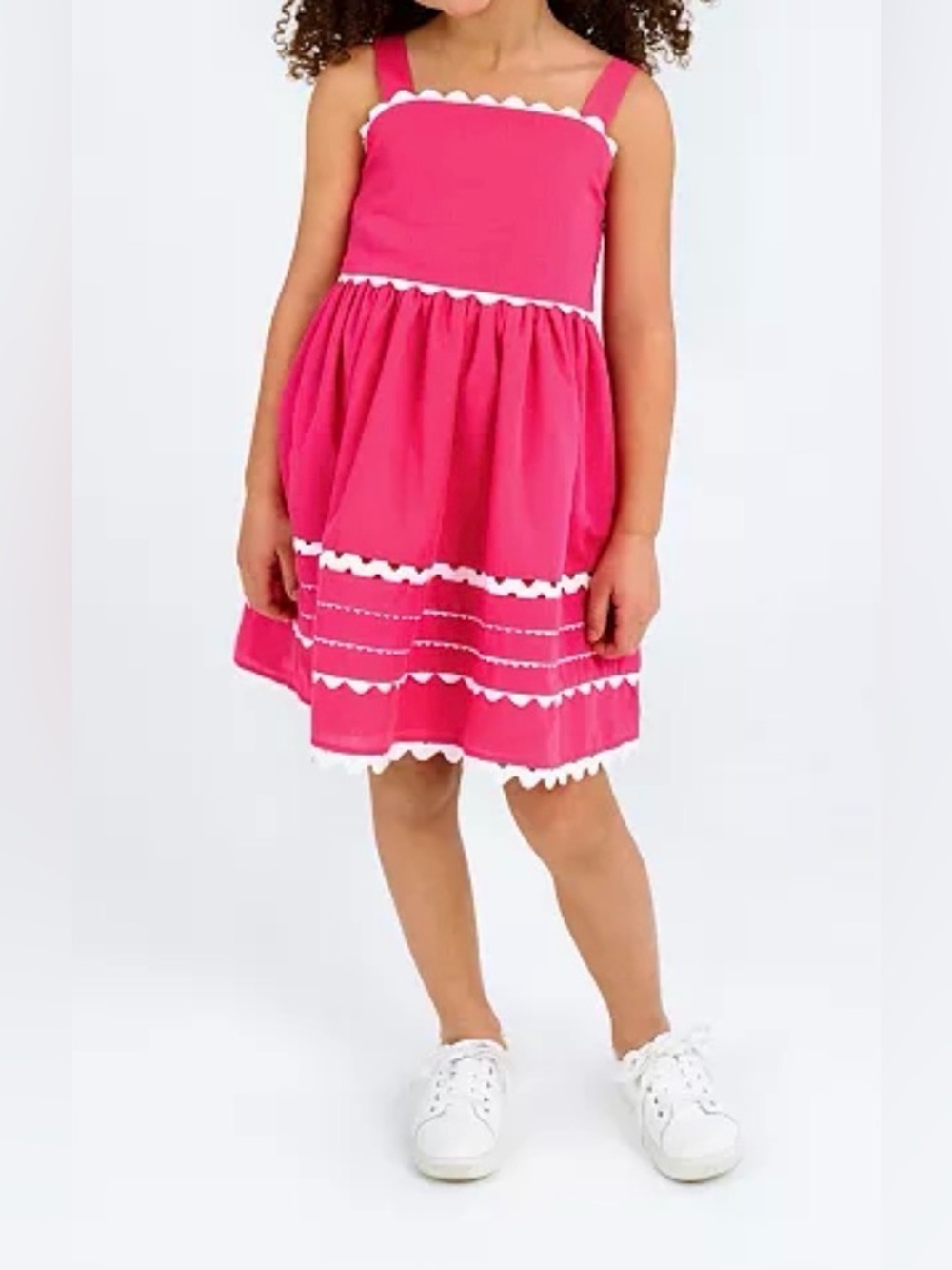 Rare Editions Pink & White Poplin Ric Rac Sleeveless Smocked Back Dress 5